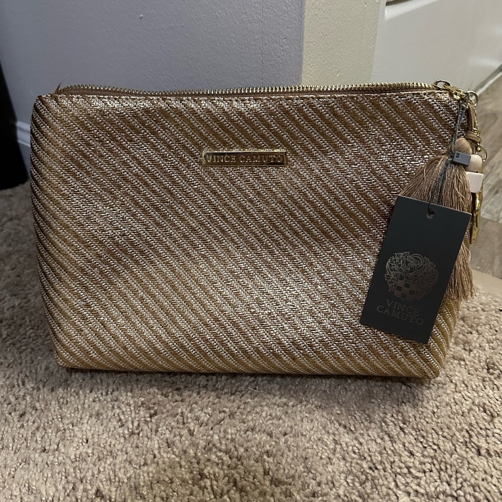 Vince Camuto Metallic Gold Diagonal Weave Cosmetic Pouch with Tassel